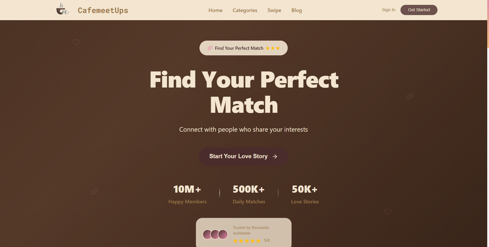 Cafe Meetups community platform website screenshot, web design by Shivam Kumar