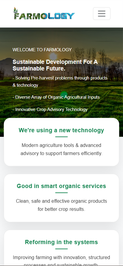 Farmology India agriculture platform website screenshot, built by Shivam Kumar