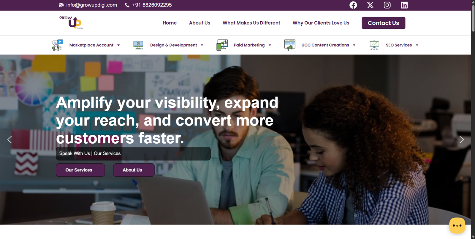 Grow Up Digi digital marketing agency website screenshot, web design by Shivam Kumar