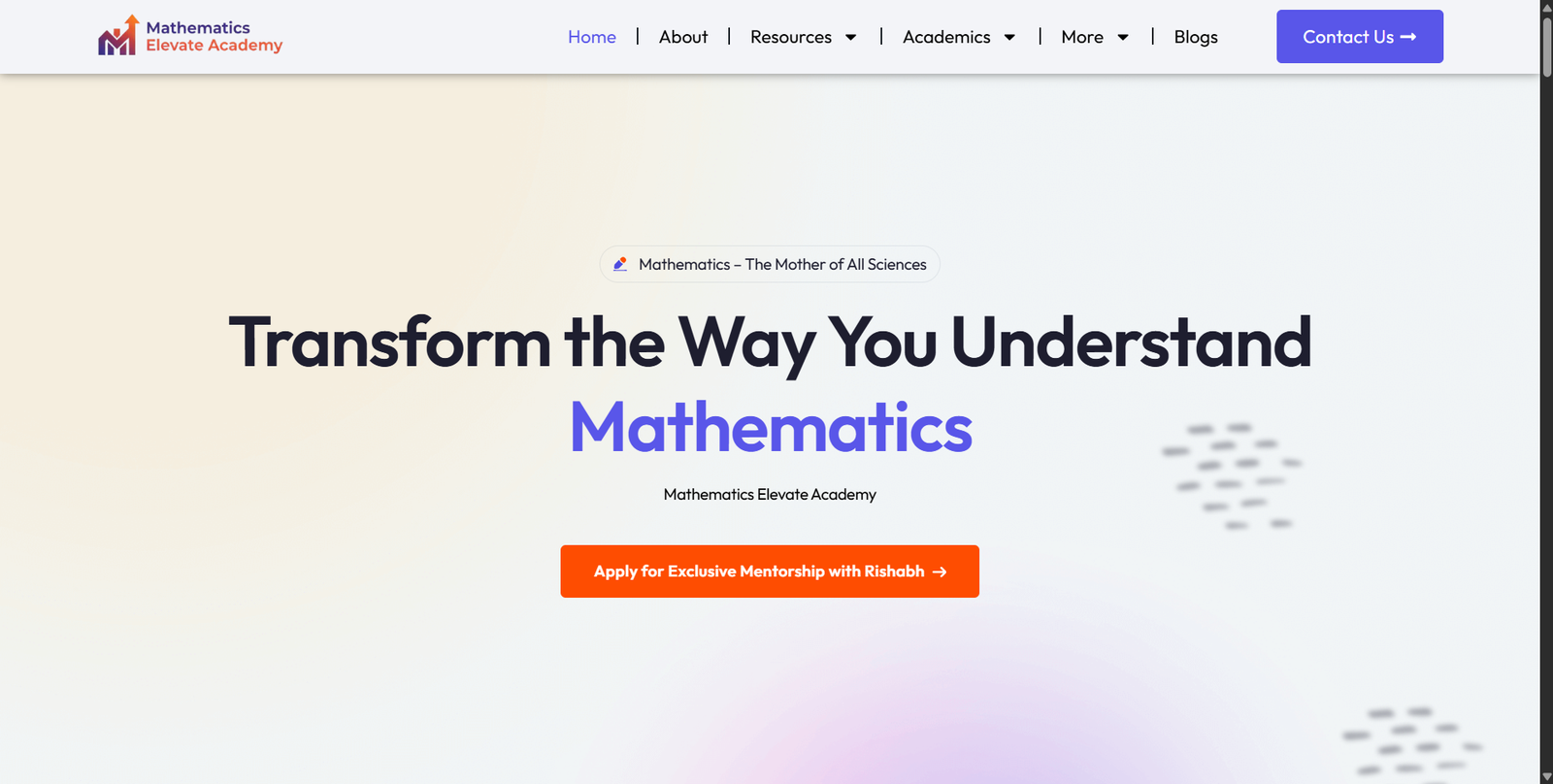Mathematics Elevate Academy website screenshot, web design by Shivam Kumar
