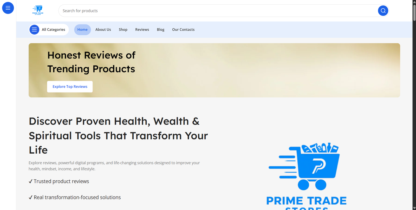 Prime Trade Stores e-commerce website screenshot, web design by Shivam Kumar